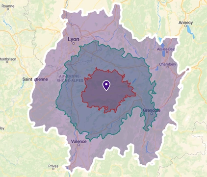 Carte représentant les 3 zones en fonction desquelles les frais de déplacement de Pauline Rouquette évoluent